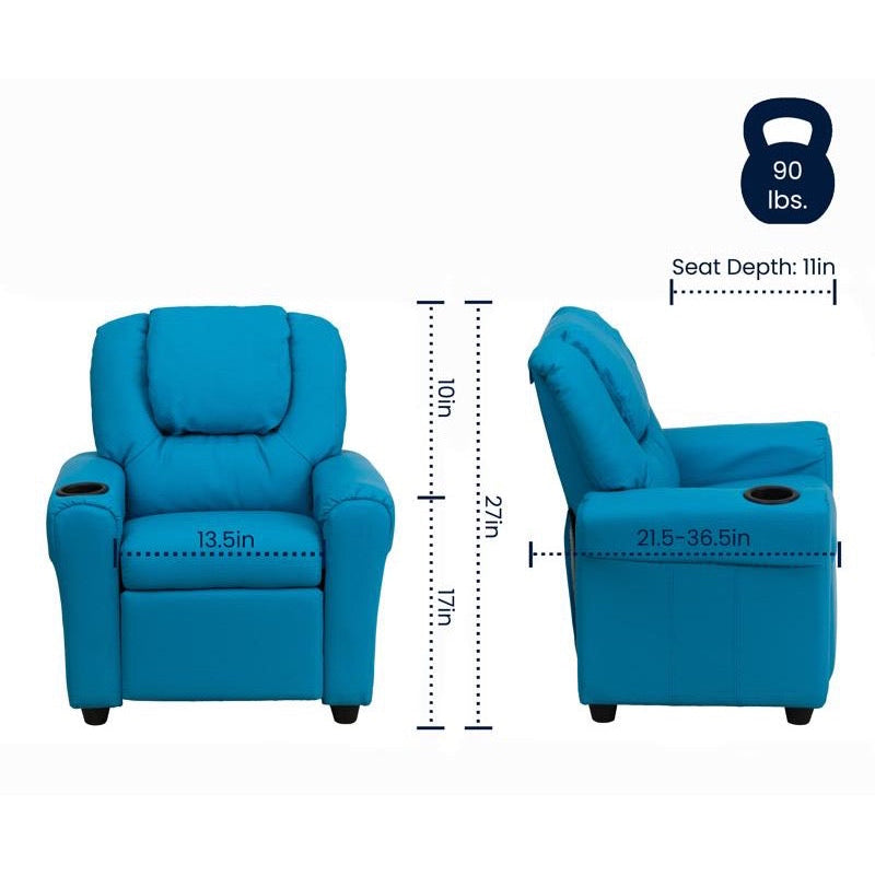 Turquoise Vinyl Kids Recliner with Cup Holder and Headrest