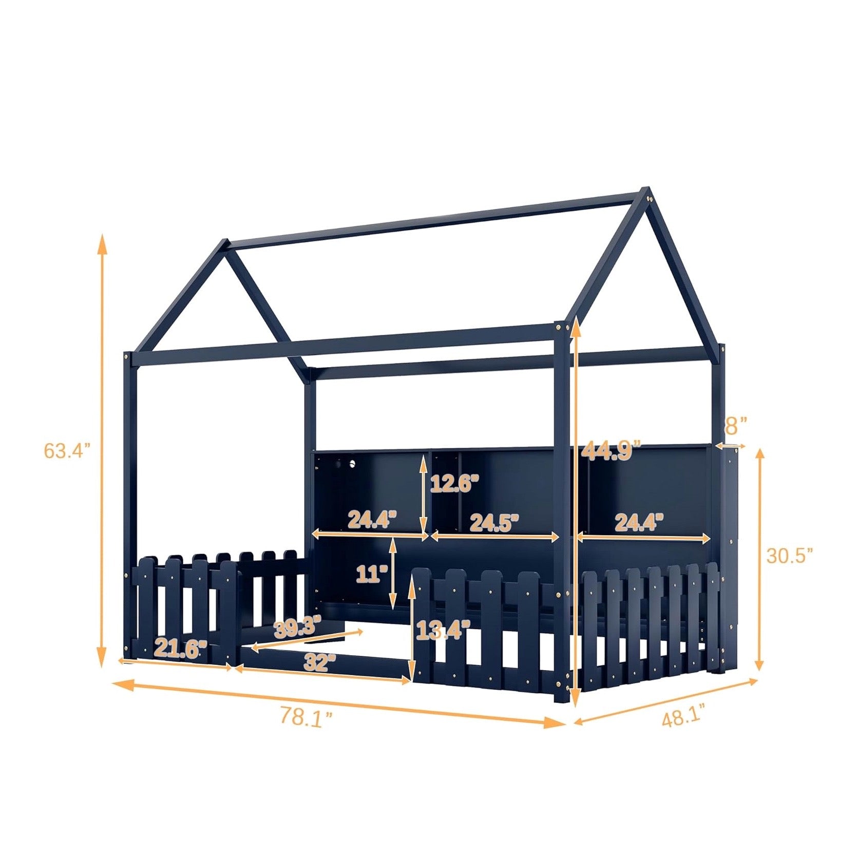 Navy Blue House-Style Wooden Bed for Kids