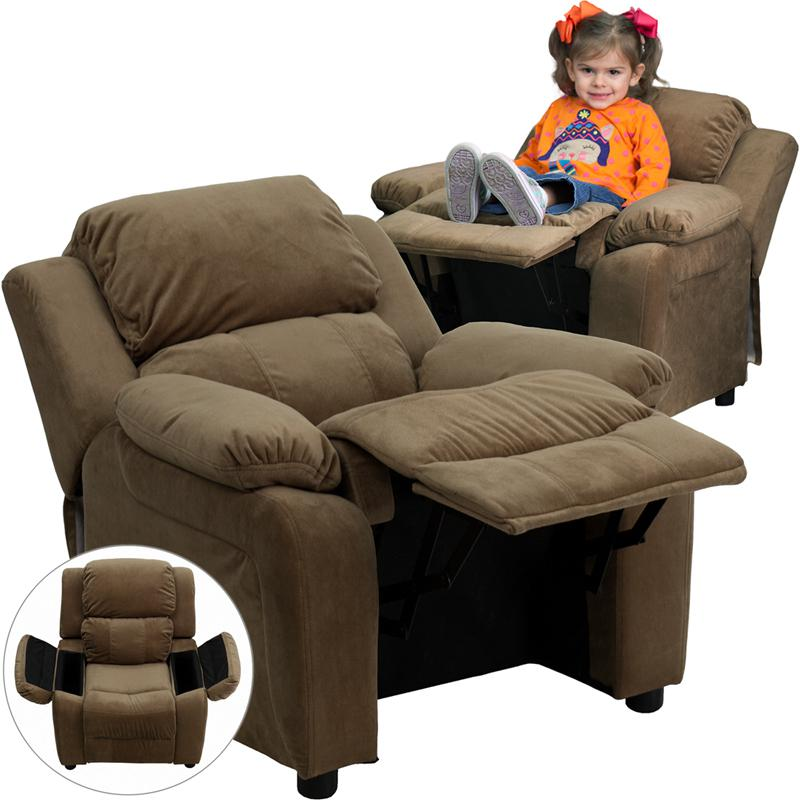 Padded Brown Microfiber Kids Recliner with Storage Arms
