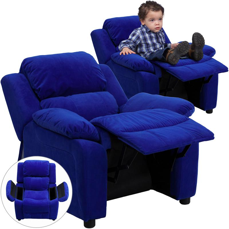 Padded Blue Microfiber Kids Recliner with Storage Arms