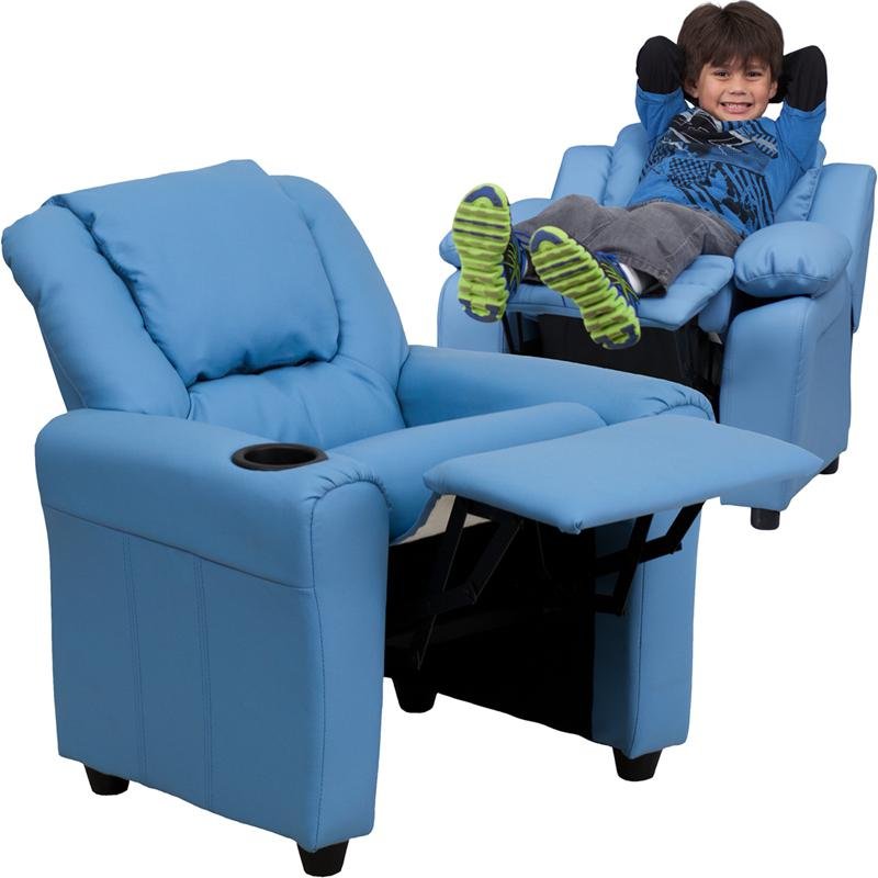 Light Blue Vinyl Kids Recliner with Cup Holder and Headrest