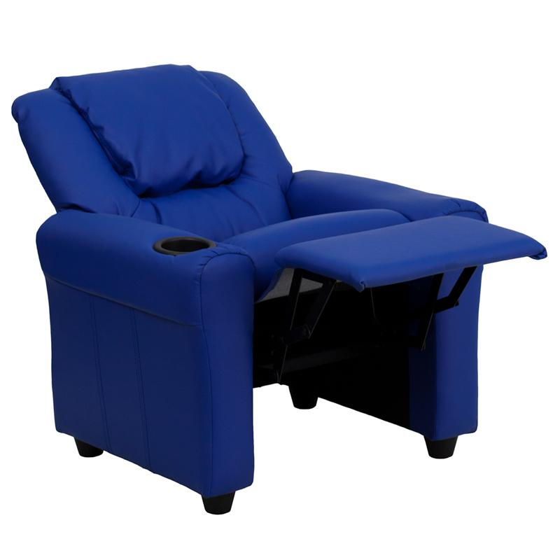 Blue Vinyl Kids Recliner with Cup Holder and Headrest
