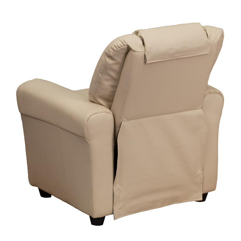 Beige Vinyl Kids Recliner with Cup Holder and Headrest