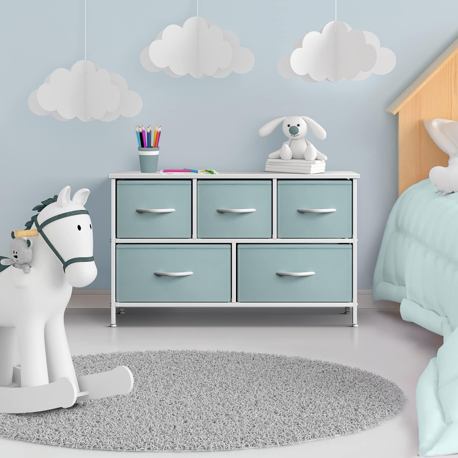 Kids Dresser with 5 Fabric Drawers - Pastel Aqua