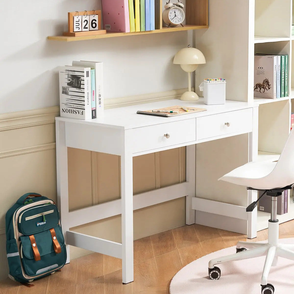 Small White Kids Desk with Drawers