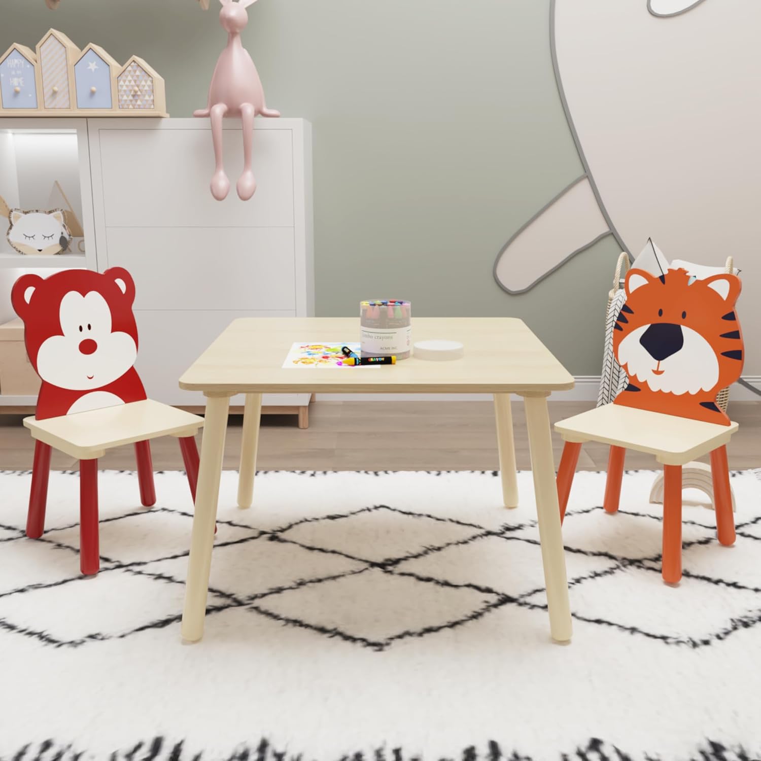 Solid Wood Children's Table and 2 Chairs Set - Bear & Tiger