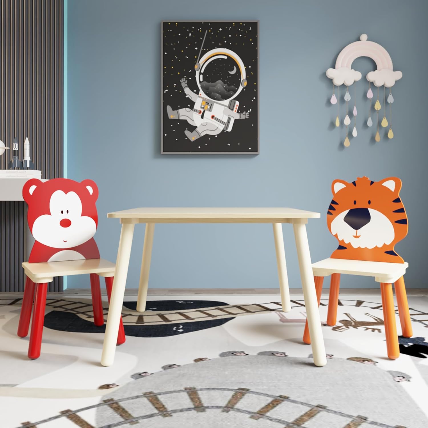 Solid Wood Children's Table and 2 Chairs Set - Bear & Tiger