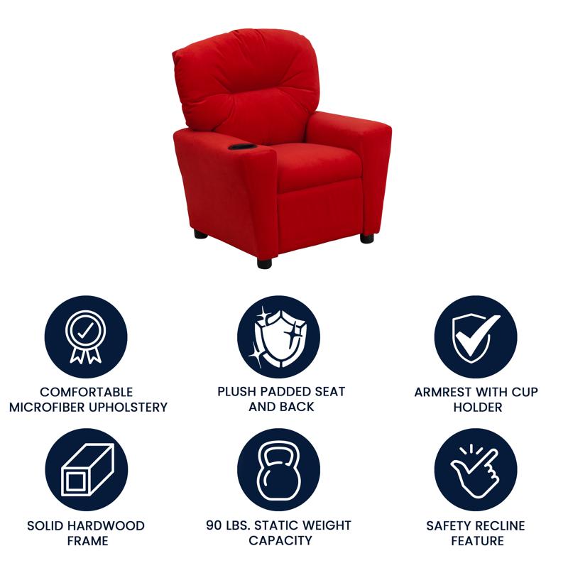Red Microfiber Kids Recliner with Cup Holder