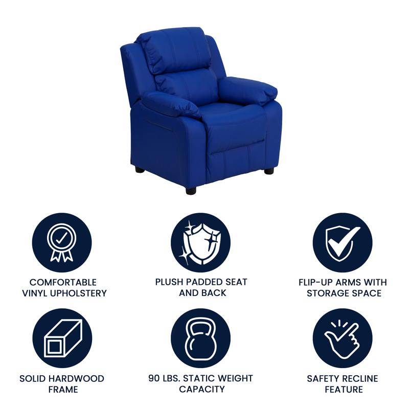 Padded Blue Vinyl Kids Recliner with Storage Arms