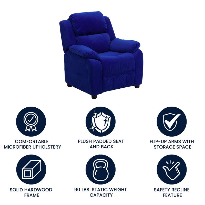 Padded Blue Microfiber Kids Recliner with Storage Arms