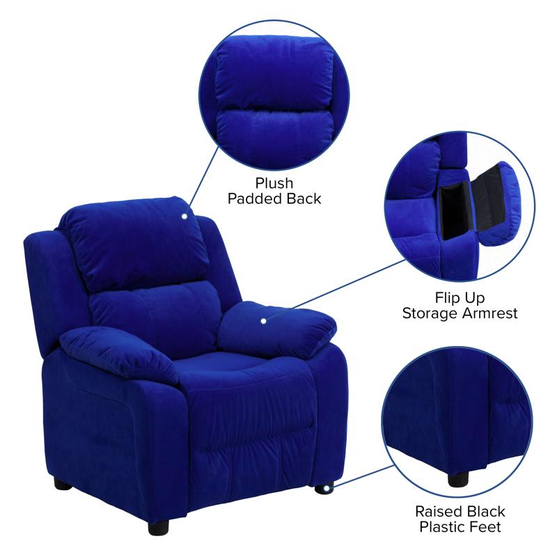 Padded Blue Microfiber Kids Recliner with Storage Arms