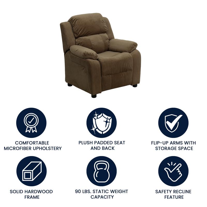 Padded Brown Microfiber Kids Recliner with Storage Arms