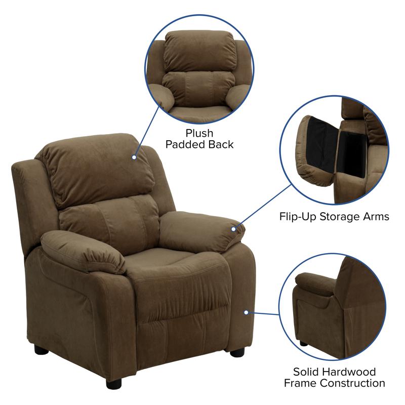 Padded Brown Microfiber Kids Recliner with Storage Arms