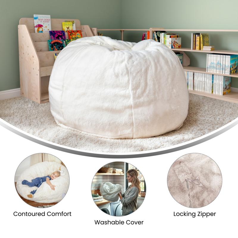 White Furry Refillable Bean Bag Chair for Kids and Teens