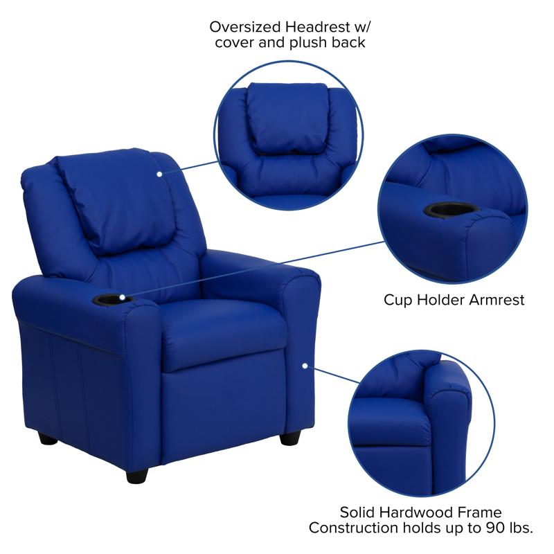 Blue Vinyl Kids Recliner with Cup Holder and Headrest