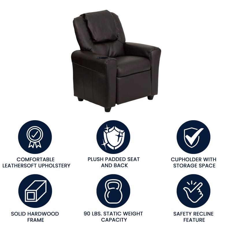 Brown LeatherSoft Kids Recliner with Cup Holder and Headrest