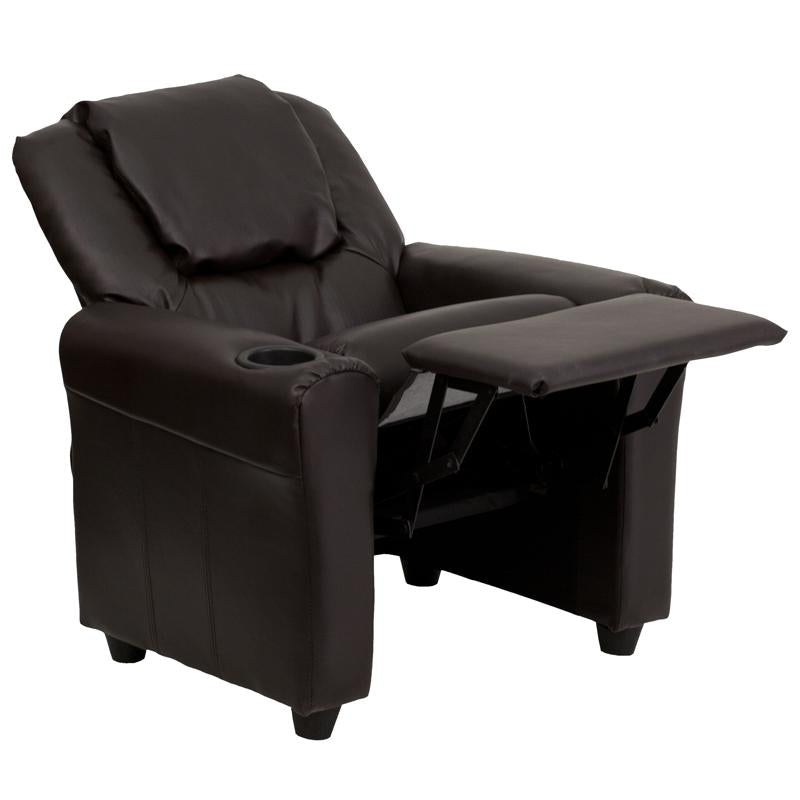 Brown LeatherSoft Kids Recliner with Cup Holder and Headrest