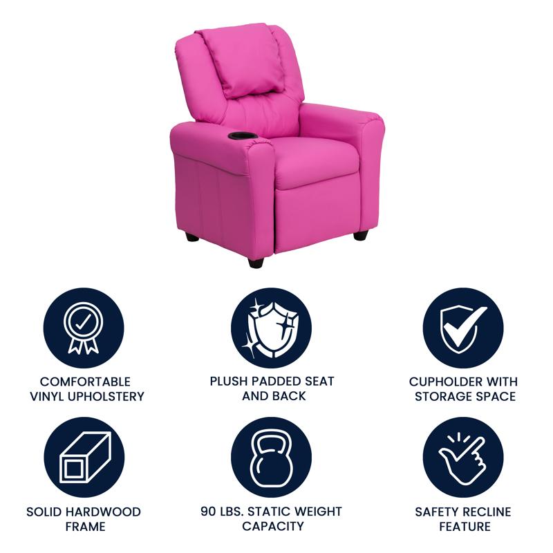 Hot Pink Vinyl Kids Recliner with Cup Holder and Headrest