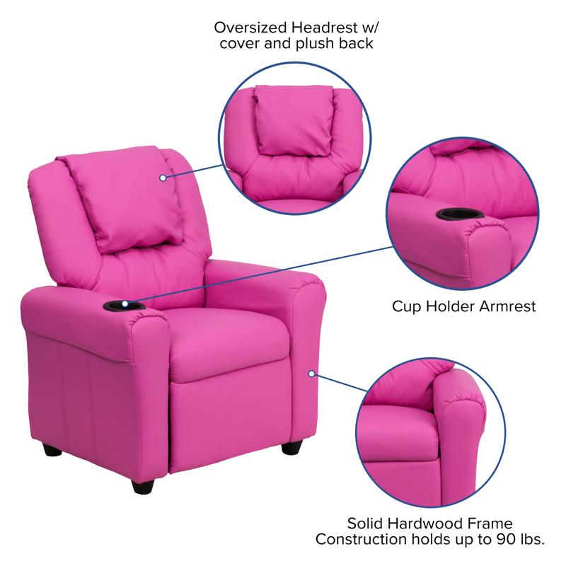 Hot Pink Vinyl Kids Recliner with Cup Holder and Headrest