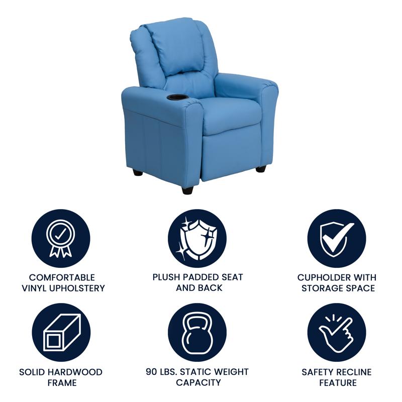 Light Blue Vinyl Kids Recliner with Cup Holder and Headrest