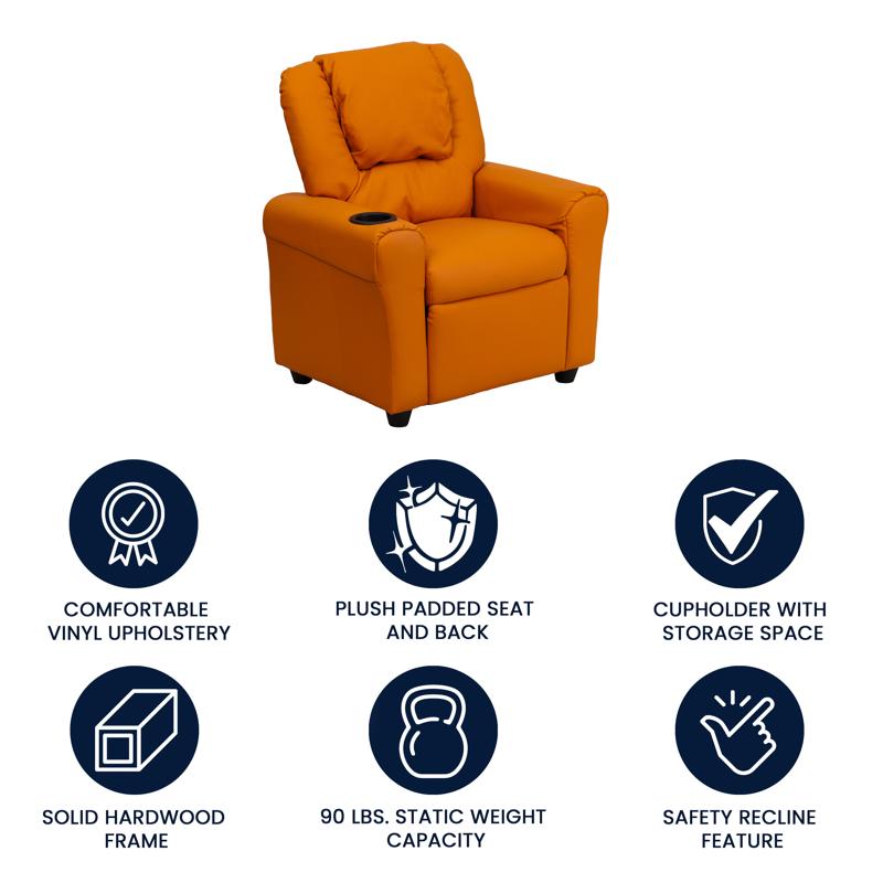 Orange Vinyl Kids Recliner with Cup Holder and Headrest