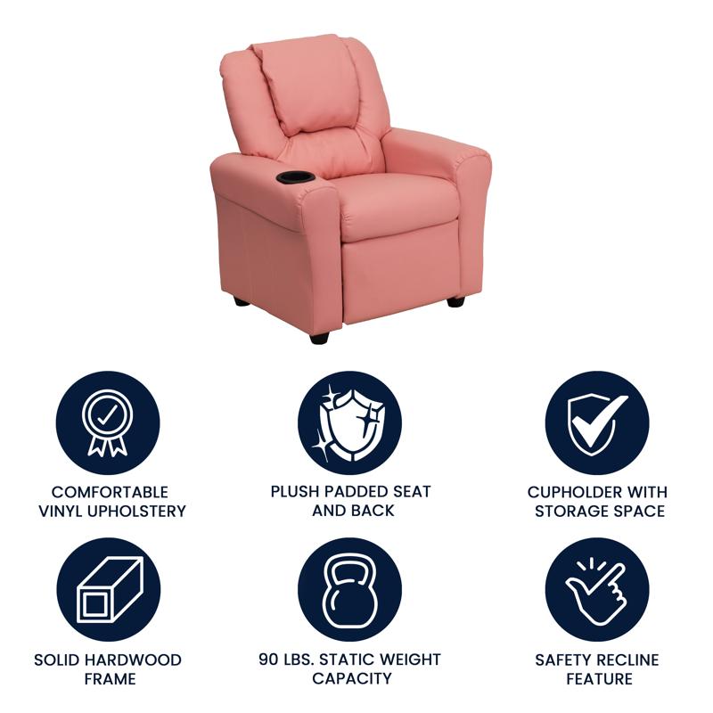 Pink Vinyl Kids Recliner with Cup Holder and Headrest
