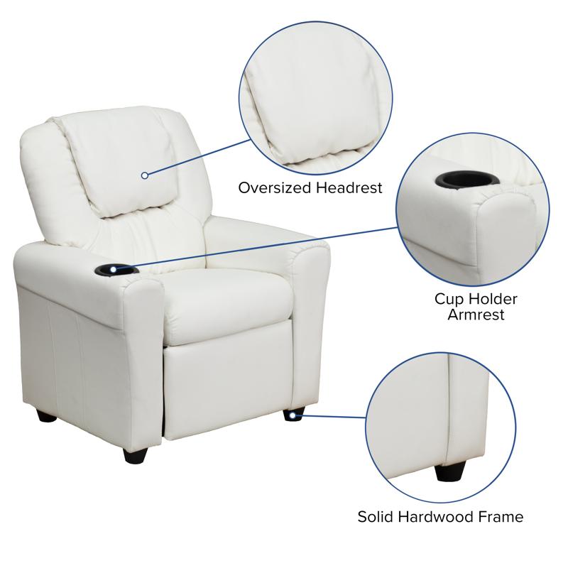 White Vinyl Kids Recliner with Cup Holder and Headrest