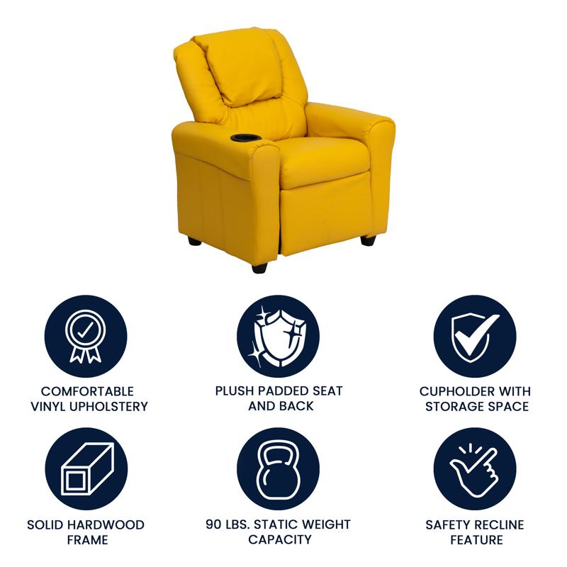 Yellow Vinyl Kids Recliner with Cup Holder and Headrest
