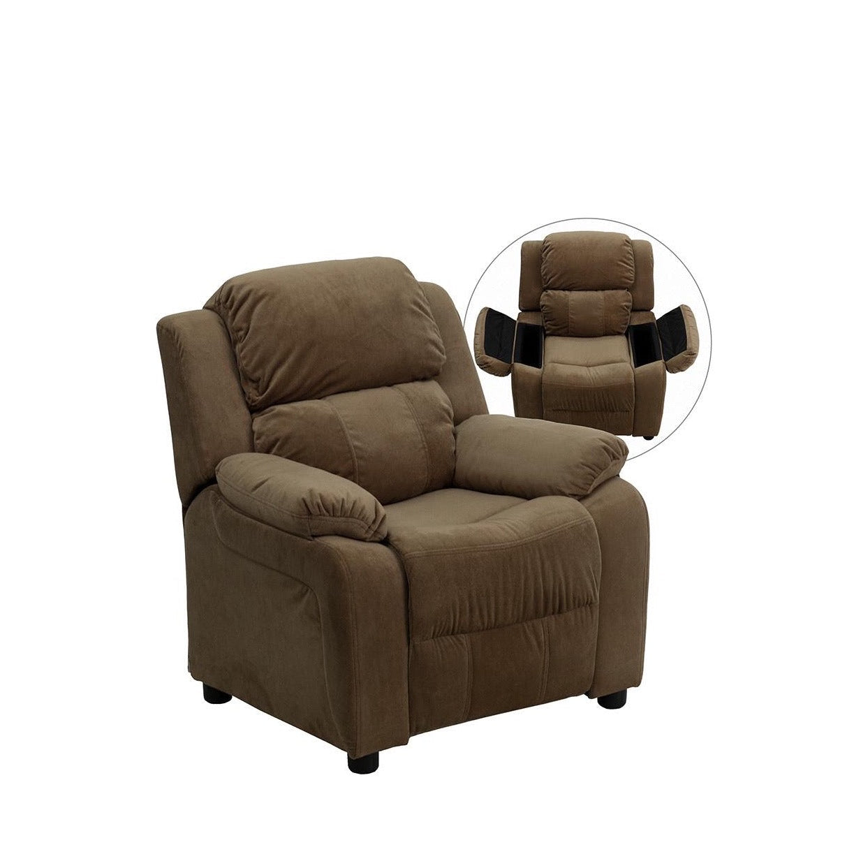 Padded Brown Microfiber Kids Recliner with Storage Arms