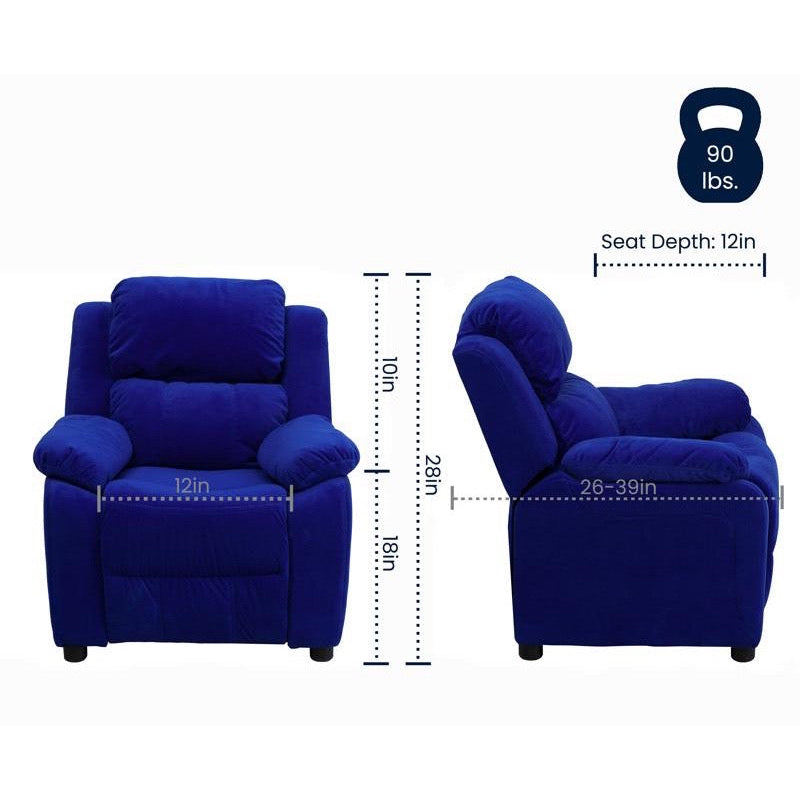 Padded Blue Microfiber Kids Recliner with Storage Arms