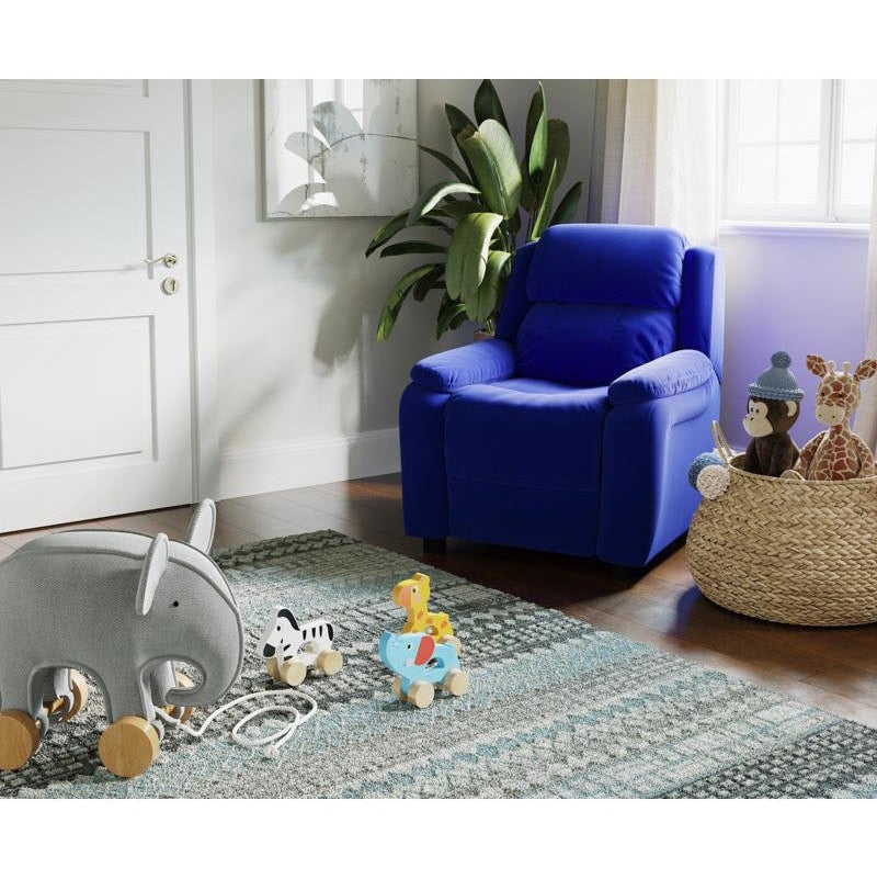 Padded Blue Microfiber Kids Recliner with Storage Arms