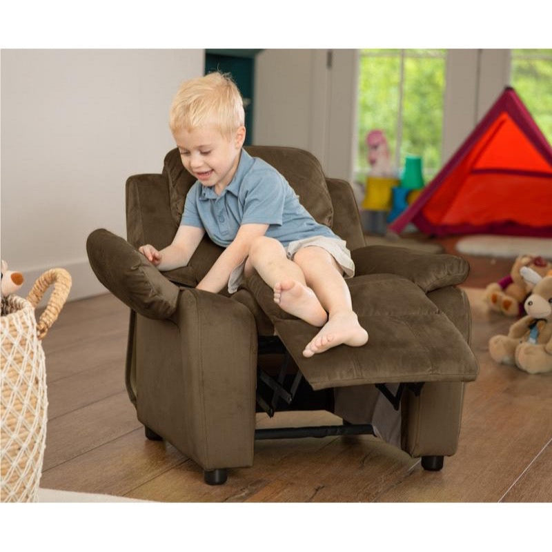 Padded Brown Microfiber Kids Recliner with Storage Arms