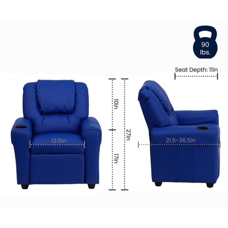 Blue Vinyl Kids Recliner with Cup Holder and Headrest