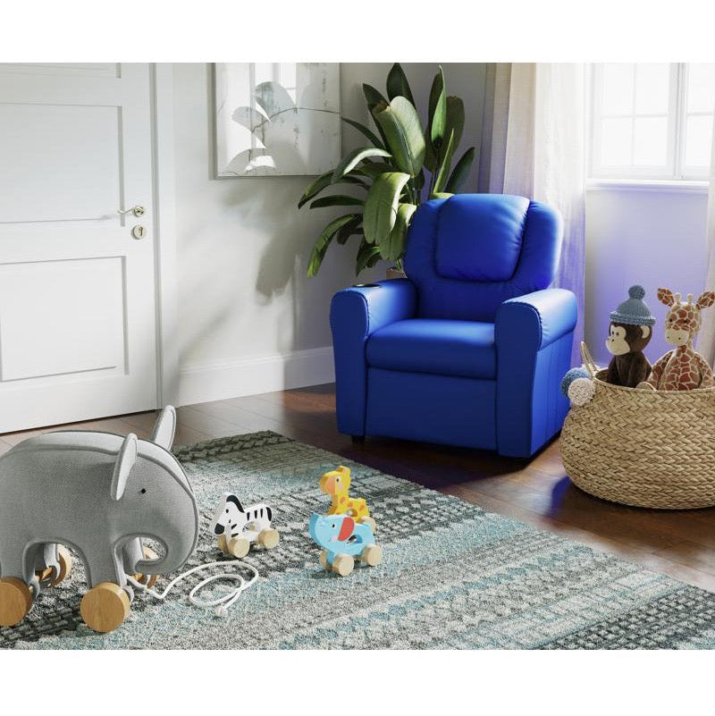Blue Vinyl Kids Recliner with Cup Holder and Headrest