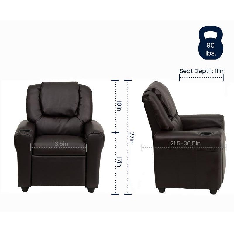 Brown LeatherSoft Kids Recliner with Cup Holder and Headrest