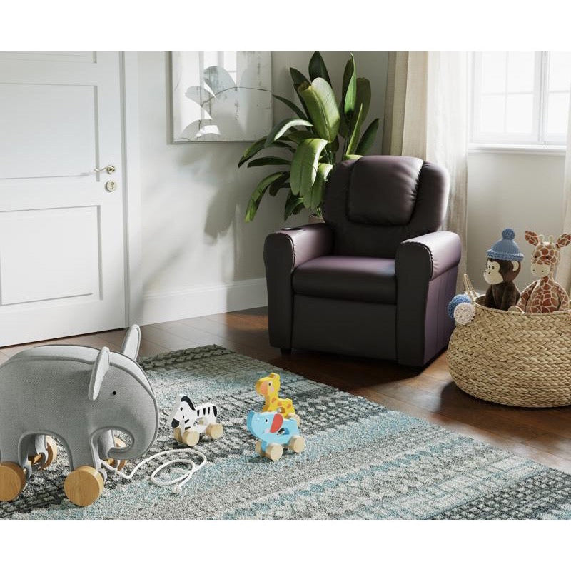 Brown LeatherSoft Kids Recliner with Cup Holder and Headrest