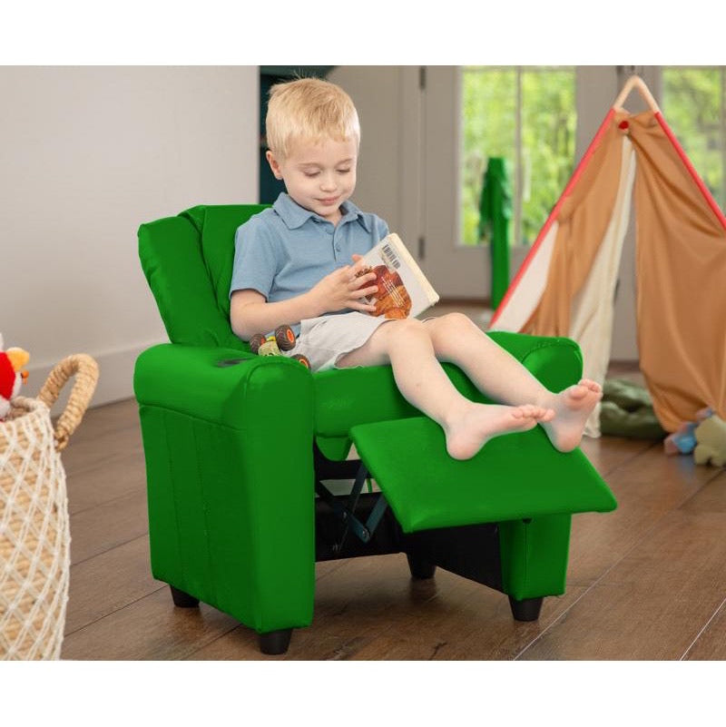 Green Vinyl Kids Recliner with Cup Holder and Headrest