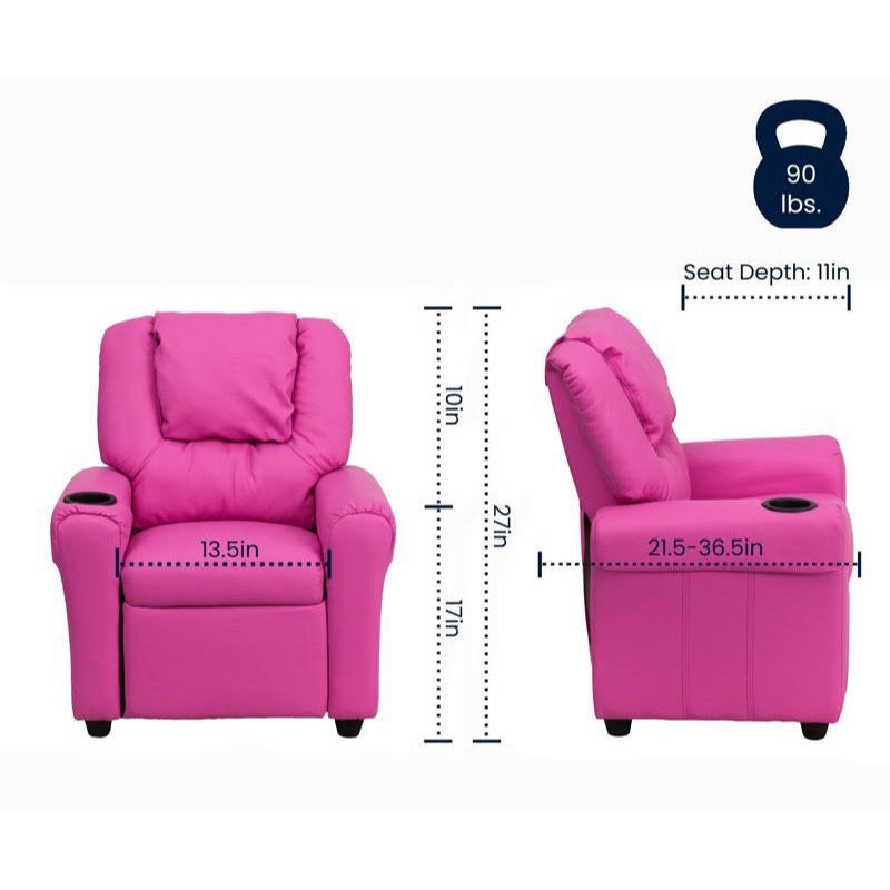 Hot Pink Vinyl Kids Recliner with Cup Holder and Headrest
