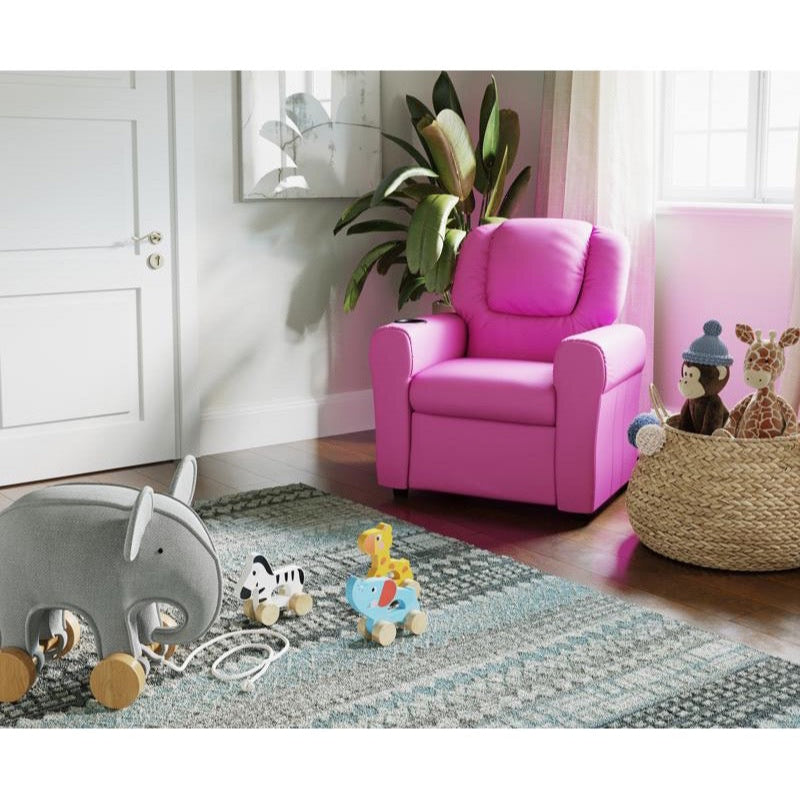 Hot Pink Vinyl Kids Recliner with Cup Holder and Headrest
