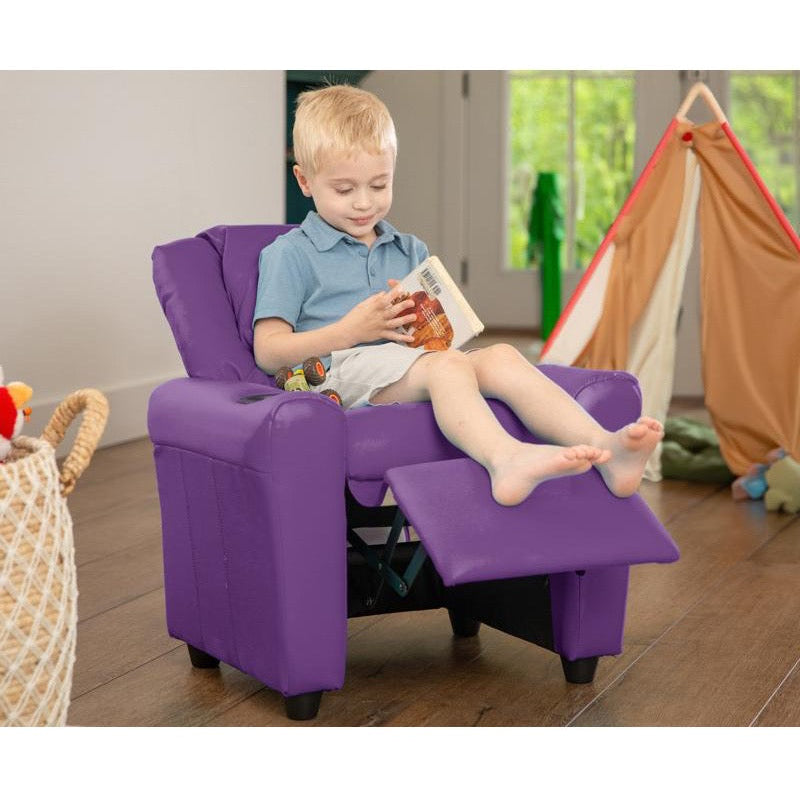 Lavender Vinyl Kids Recliner with Cup Holder and Headrest