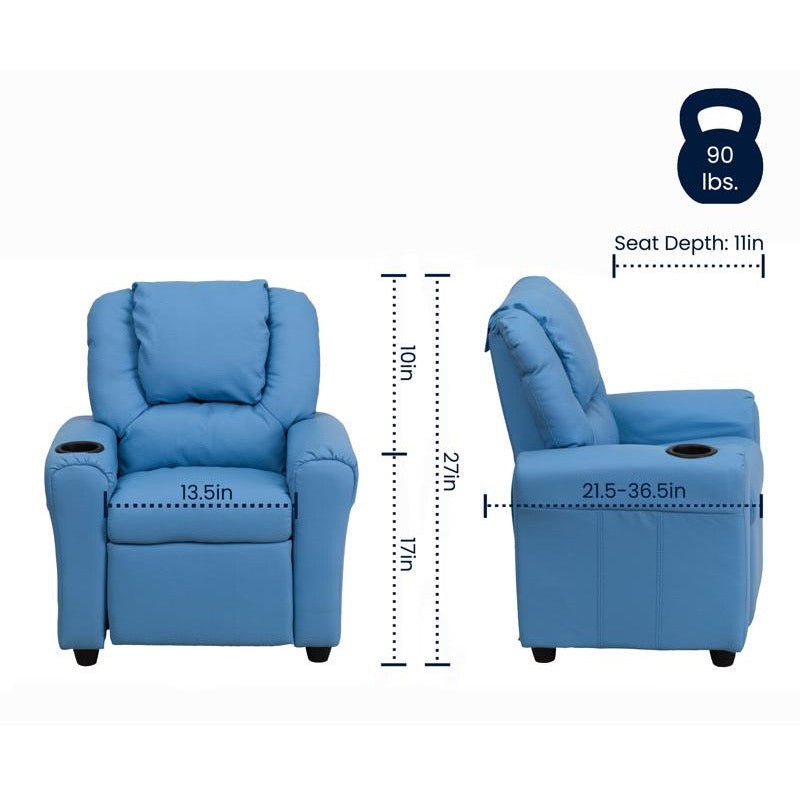 Light Blue Vinyl Kids Recliner with Cup Holder and Headrest