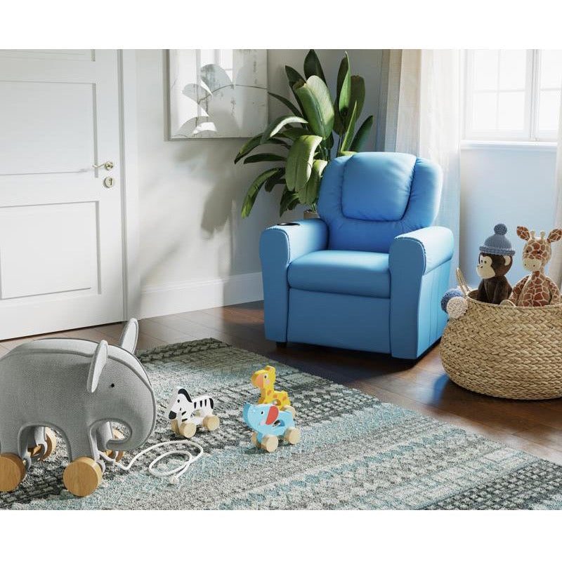 Light Blue Vinyl Kids Recliner with Cup Holder and Headrest