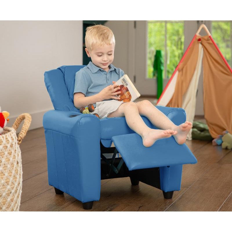 Light Blue Vinyl Kids Recliner with Cup Holder and Headrest