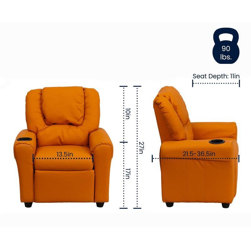 Orange Vinyl Kids Recliner with Cup Holder and Headrest