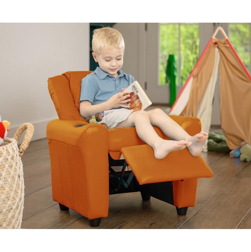 Orange Vinyl Kids Recliner with Cup Holder and Headrest
