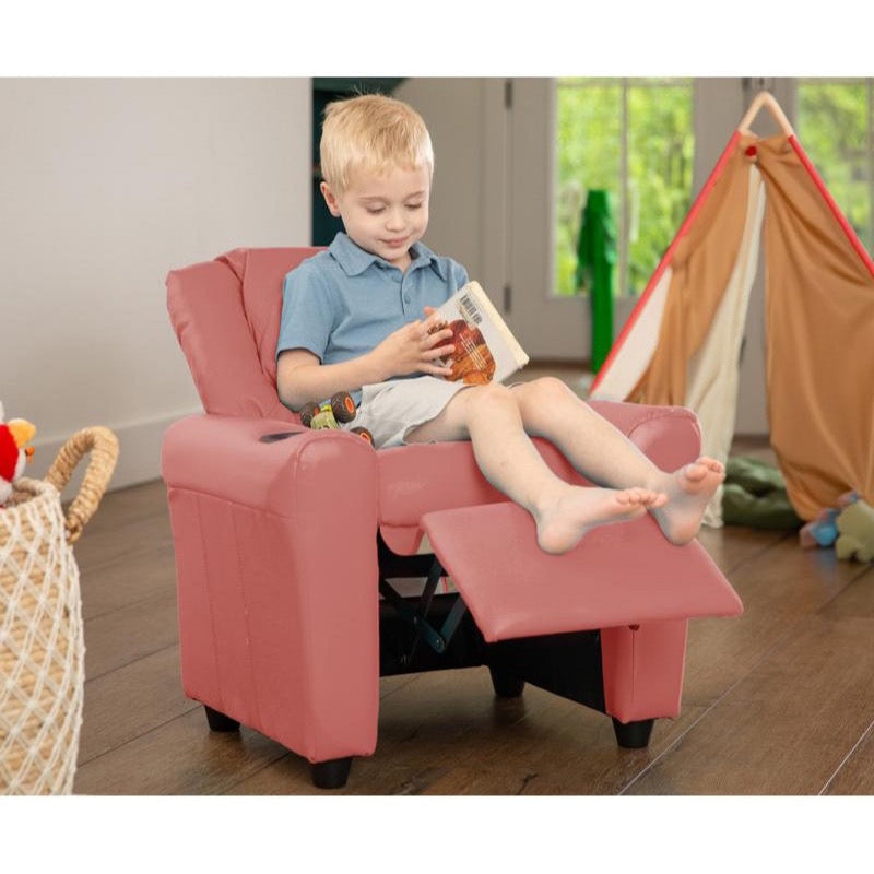 Pink Vinyl Kids Recliner with Cup Holder and Headrest