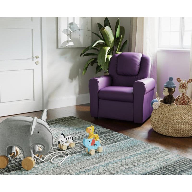 Purple Vinyl Kids Recliner with Cup Holder and Headrest