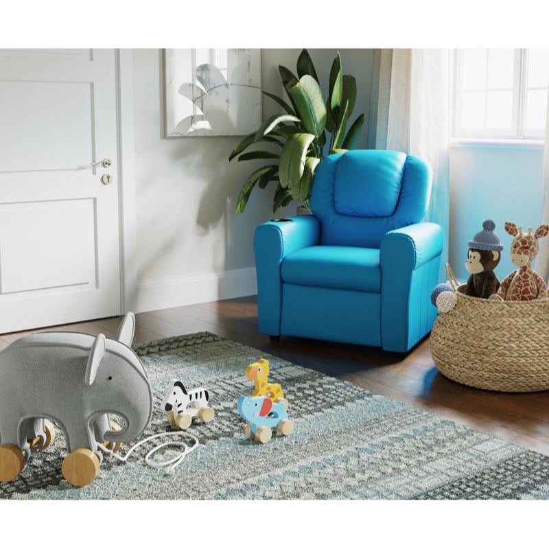 Turquoise Vinyl Kids Recliner with Cup Holder and Headrest