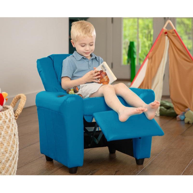 Turquoise Vinyl Kids Recliner with Cup Holder and Headrest
