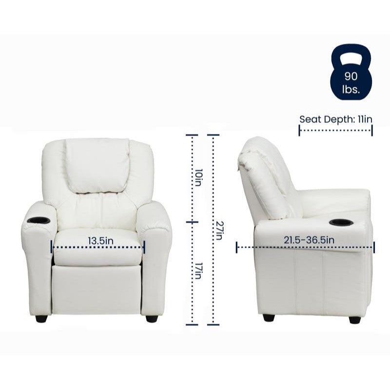 White Vinyl Kids Recliner with Cup Holder and Headrest